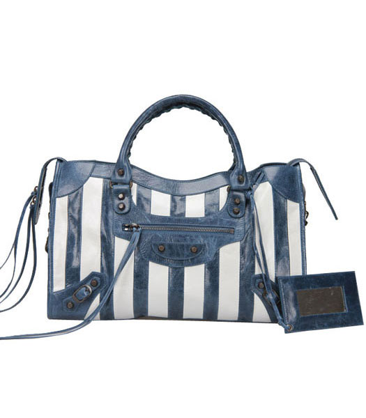 Balenciaga Motorcycle City Bag in zaffiro blu / bianco a righe Olio